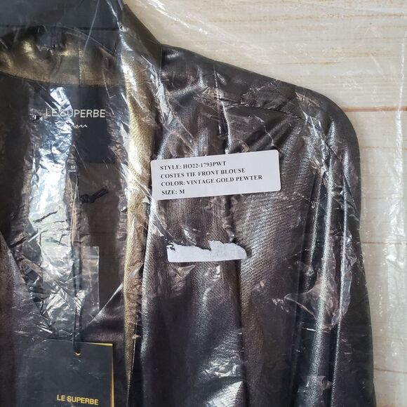 Le Superbe Costes Tie Front Metallic Vintage Gold Pewter Blouse Women's Medium - Picture 5 of 12